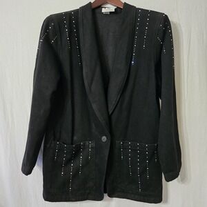 Vtg Simply Hot Womens Sz‎ L Black Denim Jacket Rhinestone 100% Cotton USA Made